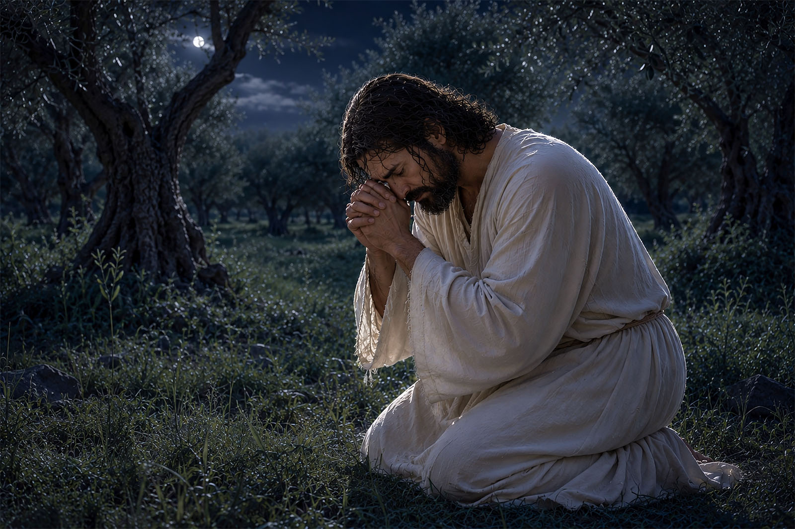Jesus kneels in Gethsemane